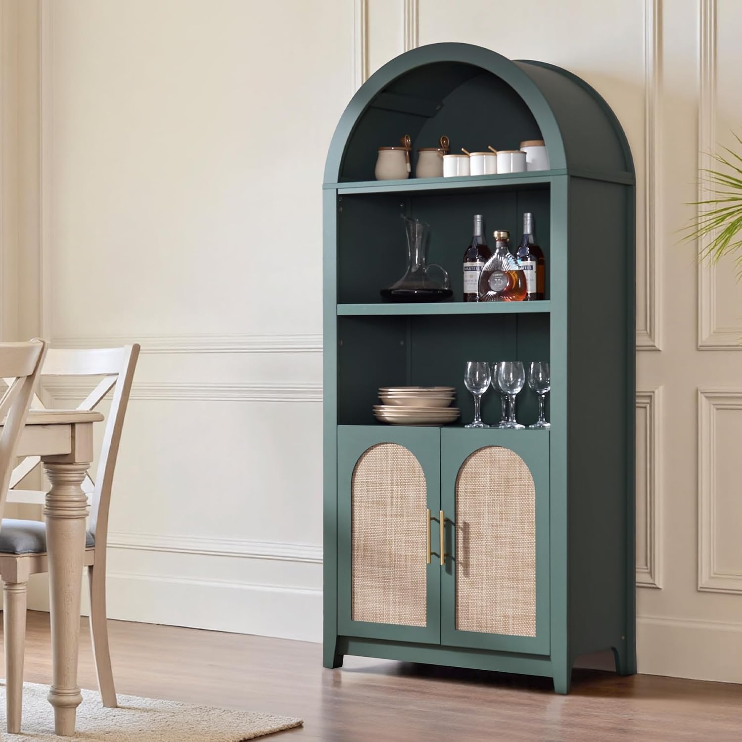 RowyPoey Rattan Arched Cabinet Bookshelf - 69.3' Tall Mid Century Display Cabinet, Rounded Bookcase with Rattan Doors, Open Shelf Storage for Dining Room (Green, 1 PC)