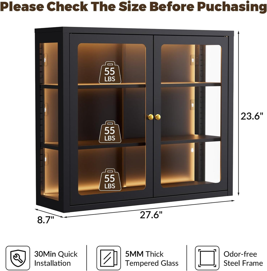 Bathroom Wall Cabinet with 13-Color Light, Wall Mounted 3-Sided Glass Display Cabinet with Adjustable Shelves, Floating Metal Medicine Storage Cabinet for Kitchen Living Room, Black