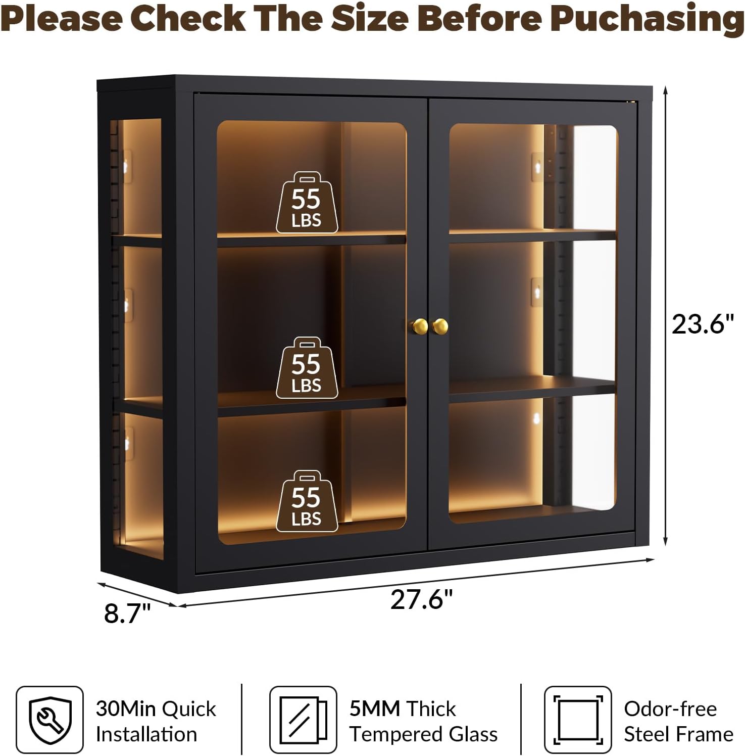 Bathroom Wall Cabinet with 13-Color Light, Wall Mounted 3-Sided Glass Display Cabinet with Adjustable Shelves, Floating Metal Medicine Storage Cabinet for Kitchen Living Room, Black