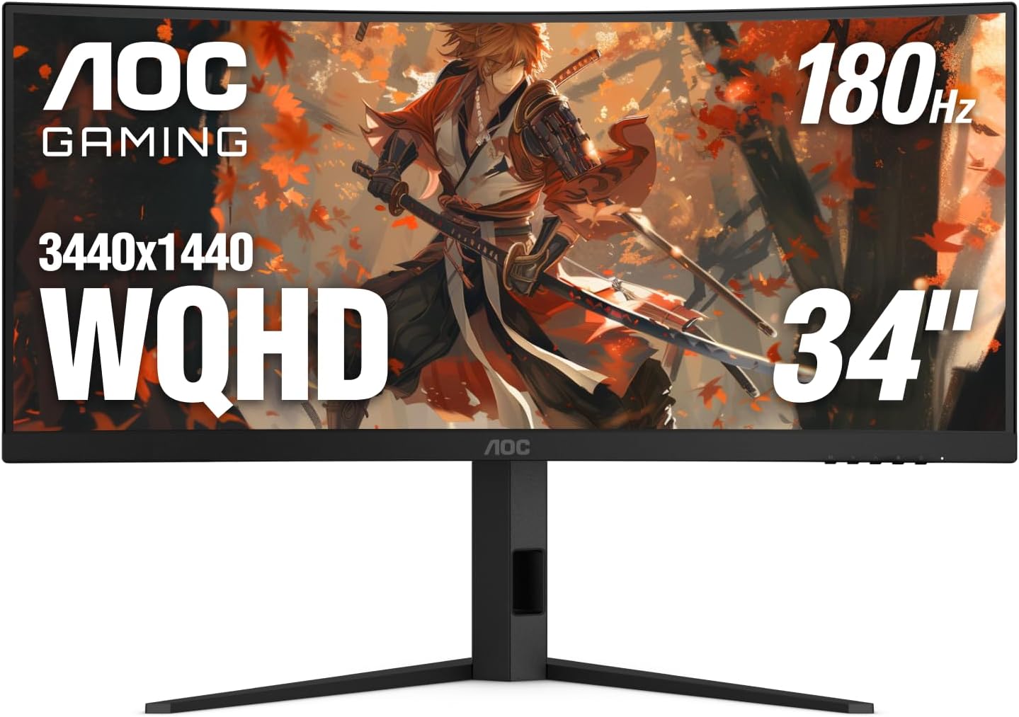 AOC CU34G4V 34' Frameless Curved Ultrawide Gaming Monitor, UWQHD 3440 x 1440 1500R, 21:9 Aspect Ratio, 180Hz 0.5ms MPRT, Display Port x 1, HDMI x 1, AMD FreeSync Premium, Height Adjustable, Black