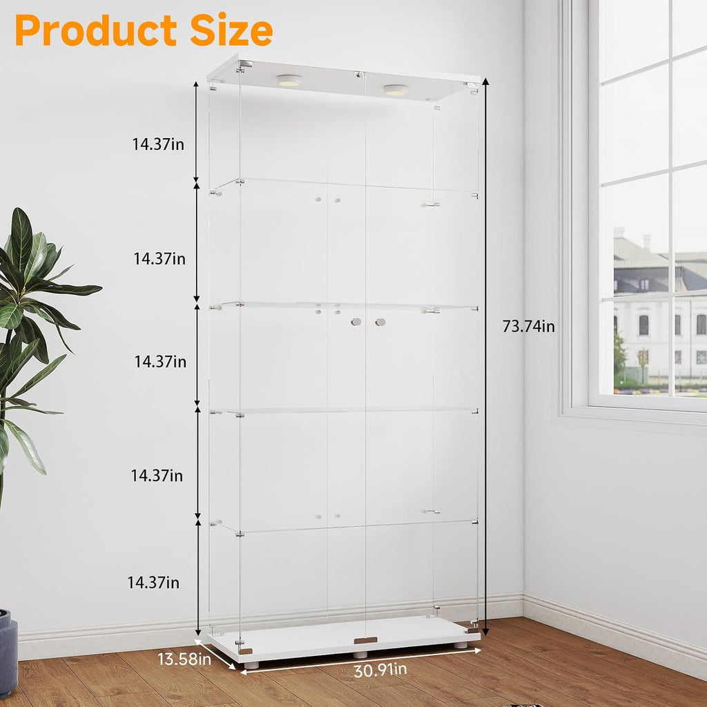 Zevemomo 5-Tier Tempered Glass Display Cabinet with Lights, Curio Cabinet with Glass Doors and Lock, Glass Display Case for Collectibles, for Living Room Bedroom Office, Double Door, White