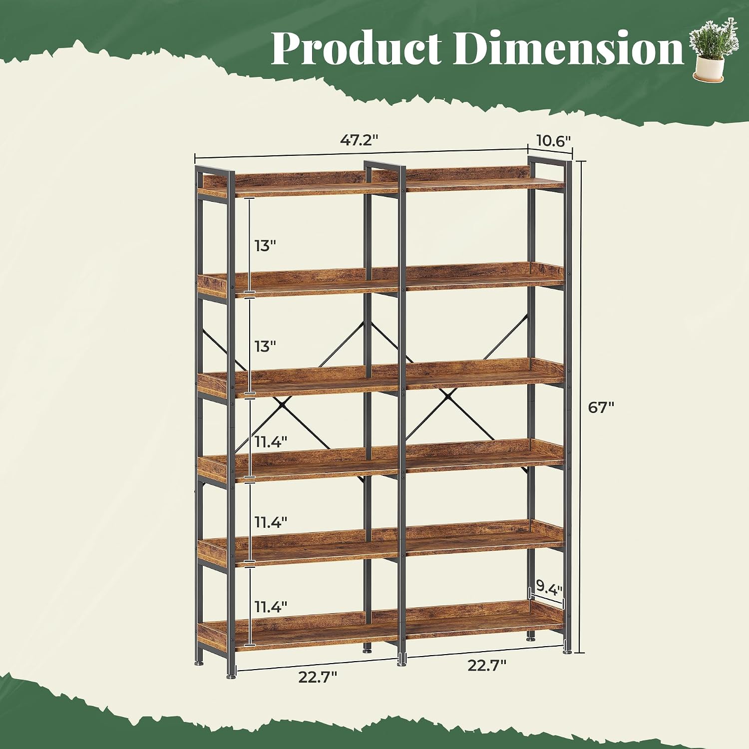 Huuger 6 Tier Bookshelf, Corner Bookshelf with 12 Open Shelves and Raised Baffle, 47.2 Inch Straight Wide Bookcase with Metal Frame and Wooden Board, Adjustable Feet, Rustic Brown