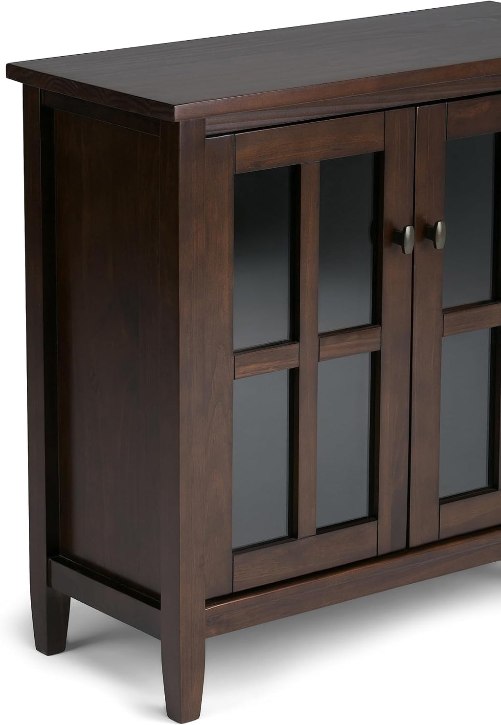SIMPLIHOME Warm Shaker Storage Cabinet - 32 inch Wide Solid Wood 2-Shelf Low Storage Cabinet in Tobacco Brown, Transitional Accent Cabinet for Entryway with Tempered Glass Doors and Shelves