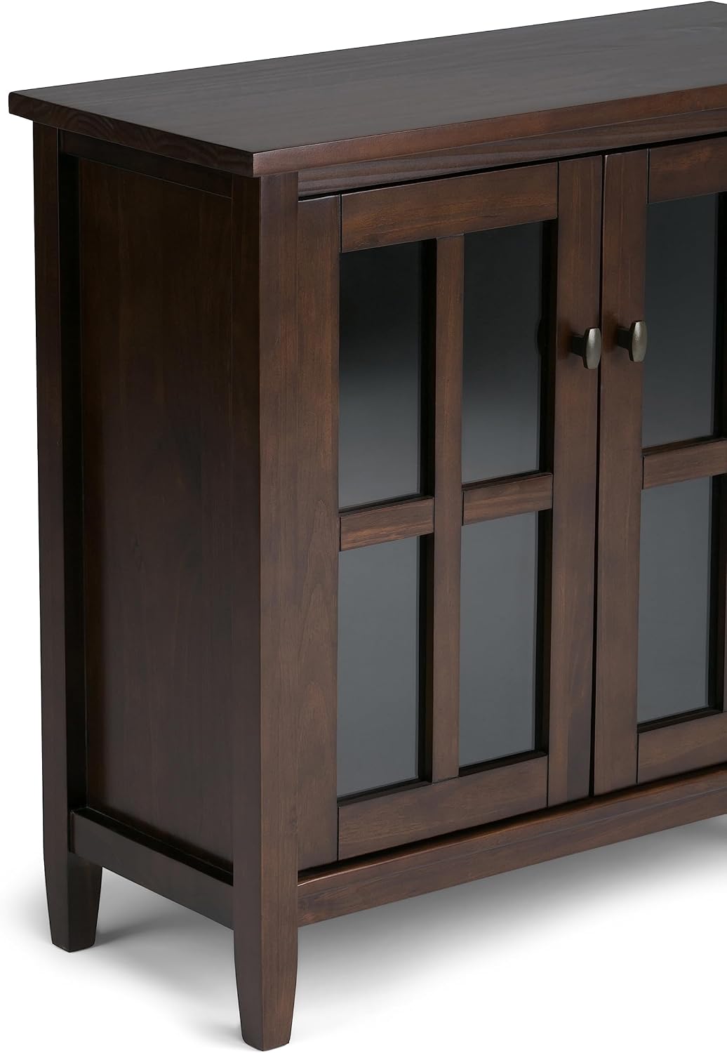 SIMPLIHOME Warm Shaker Storage Cabinet - 32 inch Wide Solid Wood 2-Shelf Low Storage Cabinet in Tobacco Brown, Transitional Accent Cabinet for Entryway with Tempered Glass Doors and Shelves