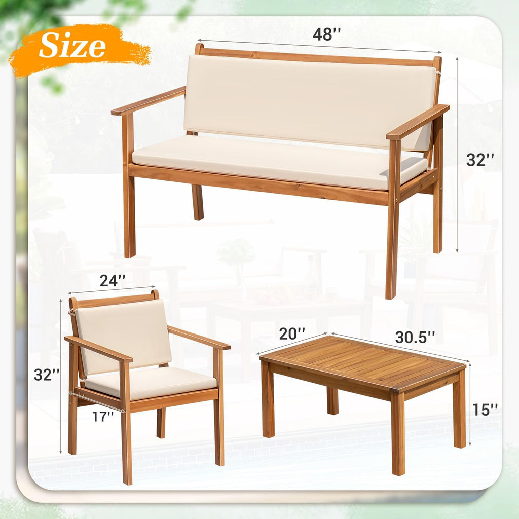 Greesum Outdoor Patio Furniture, 4 Piece Bistro Sofa Set with Coffee Table and Loveseat, Acacia Wood Conversation Sets with Cushions, for Garden, Backyard, Poolside, White