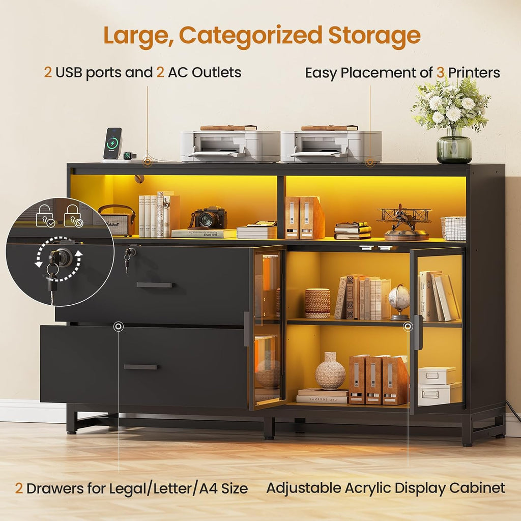 SEDETA 59' File Cabinet, 2 Drawers Filing Cabinets for Home Office fit Legal/Letter/A4 File, File Cabinet with Lock & Power Outlets, Printer Stand with Storage & LED Lights, Black