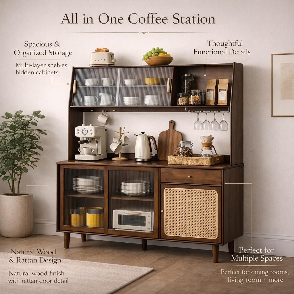Welnown Kitchen Hutch Cabinet with Countertop, 69' Tall Pantry Storage Cabinet, Rattan Solid Wood Buffet Sideboard, Entryway Storage Table for Living Room, Dining Room, Walnut