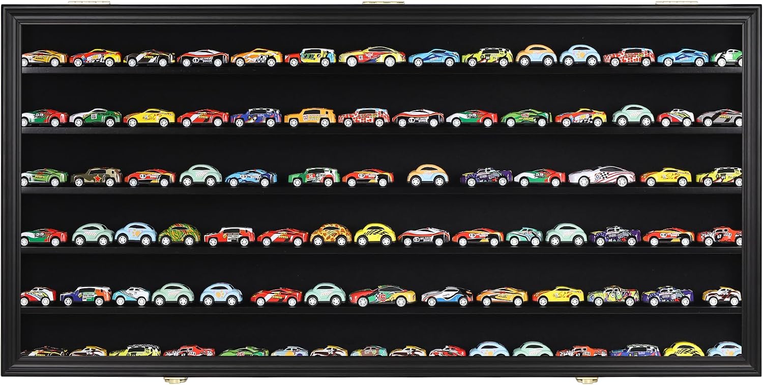HO Scale Model Train Display Case Rack Wall Cabinet Wall Shelves Compatible with Hot Small Car Wheels 1:64 ad 1:43 Scale Toy Cars w/98% UV Protection- Lockable (Black Finish)