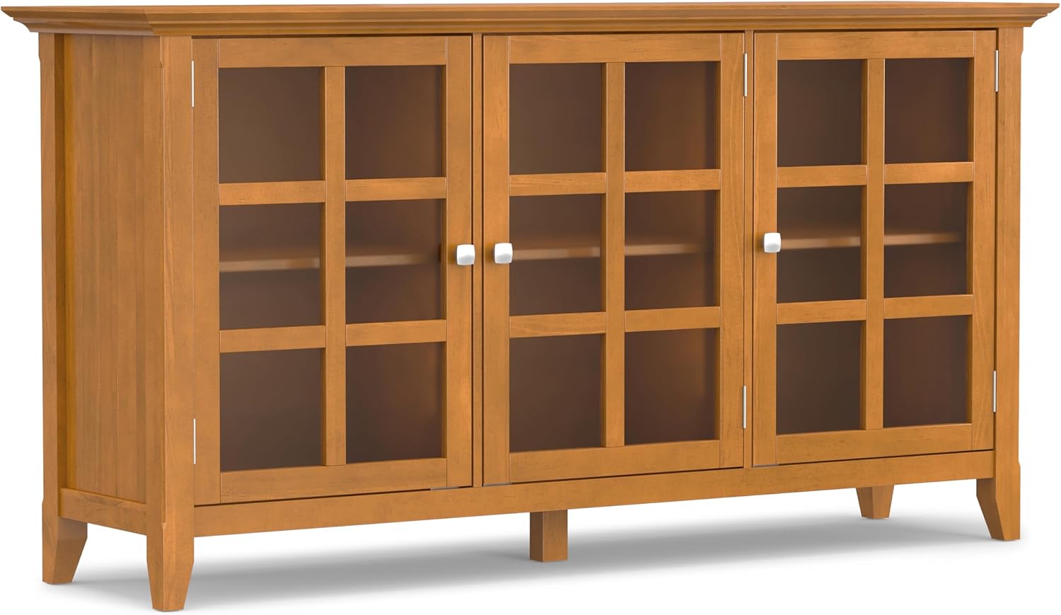 SIMPLIHOME Acadian Storage Cabinet - 62 inch Wide Solid Wood 3-Shelf Sideboard in Light Golden Brown, Transitional Buffet for Living Room, Entryway, or Dining Room with Adjustable Shelves