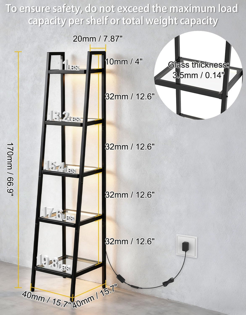 5-Tier Glass Display Shelf with RGB Light, 67' Ladder Bookshelf, Music Sync & 3 CCT, Dimmable App/Remote, Modern Freestanding Corner Storage Rack, Metal Organizer for Living Room Home Office, Black