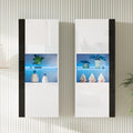 AMERLIFE Wall Storage Cabinets with LED Lights, Modern High Gloss Hanging Cabinets with 4 Closed Doors & Open Glass Shelves, for Living Room/Bedroom/Office, White(Set of 2)