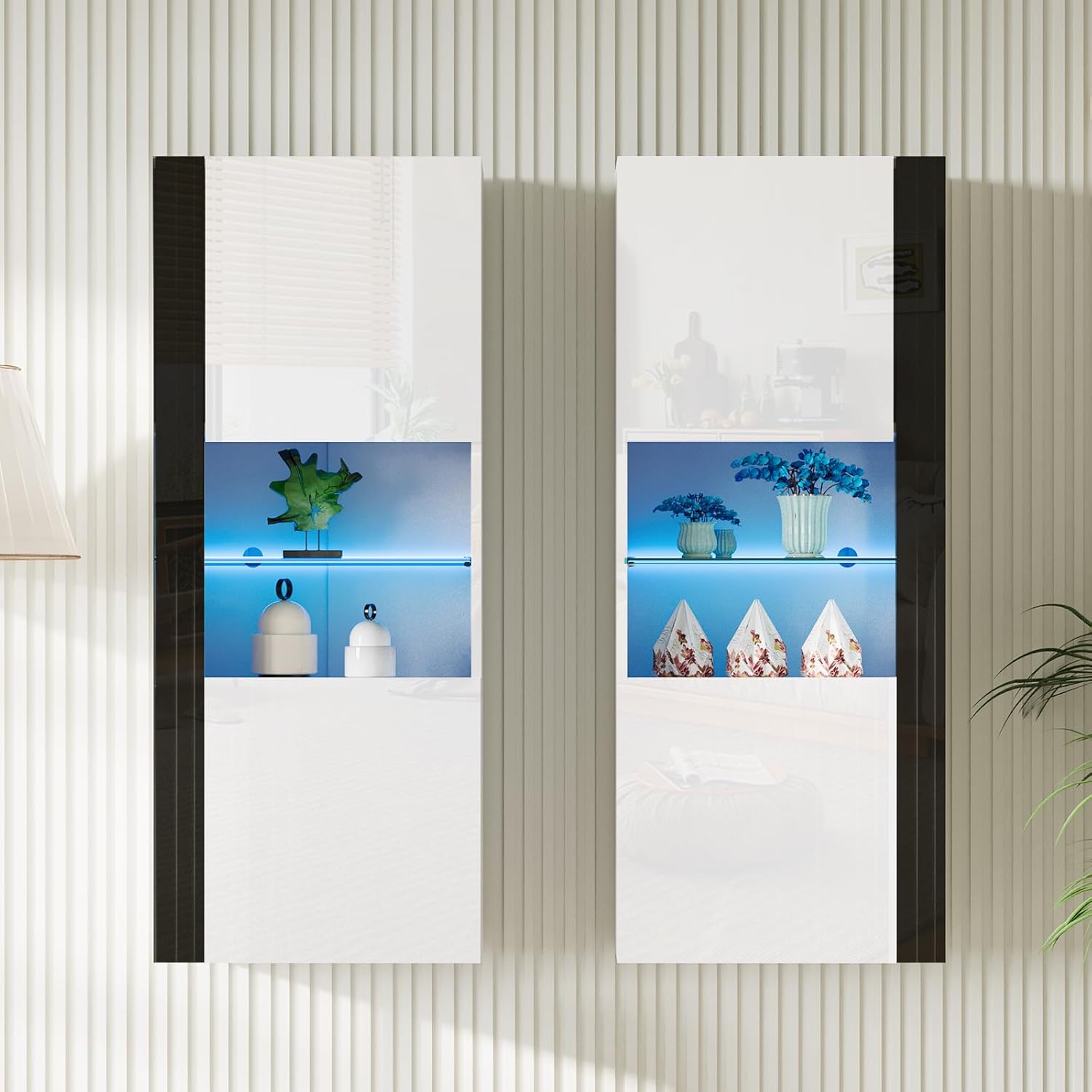 AMERLIFE Wall Storage Cabinets with LED Lights, Modern High Gloss Hanging Cabinets with 4 Closed Doors & Open Glass Shelves, for Living Room/Bedroom/Office, White(Set of 2)