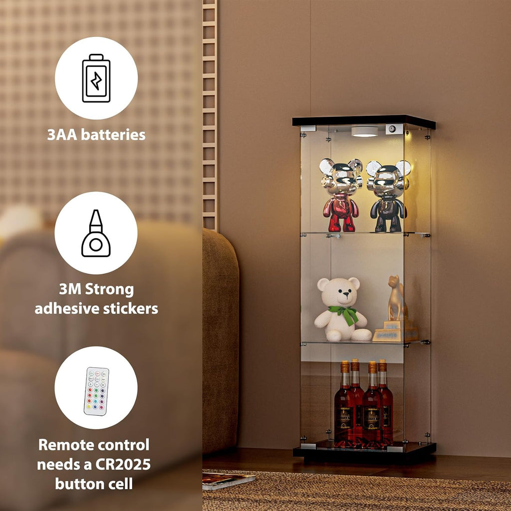 FANYUSHOW 3-Shelf Glass Display Cabinet with LED Light, Upgraded Quick-Install Style Curio Cabinets 5mm Tempered Glass Bookshelf for Bedroom, Living Room 49.1'x 16.7'x 14.3' Black