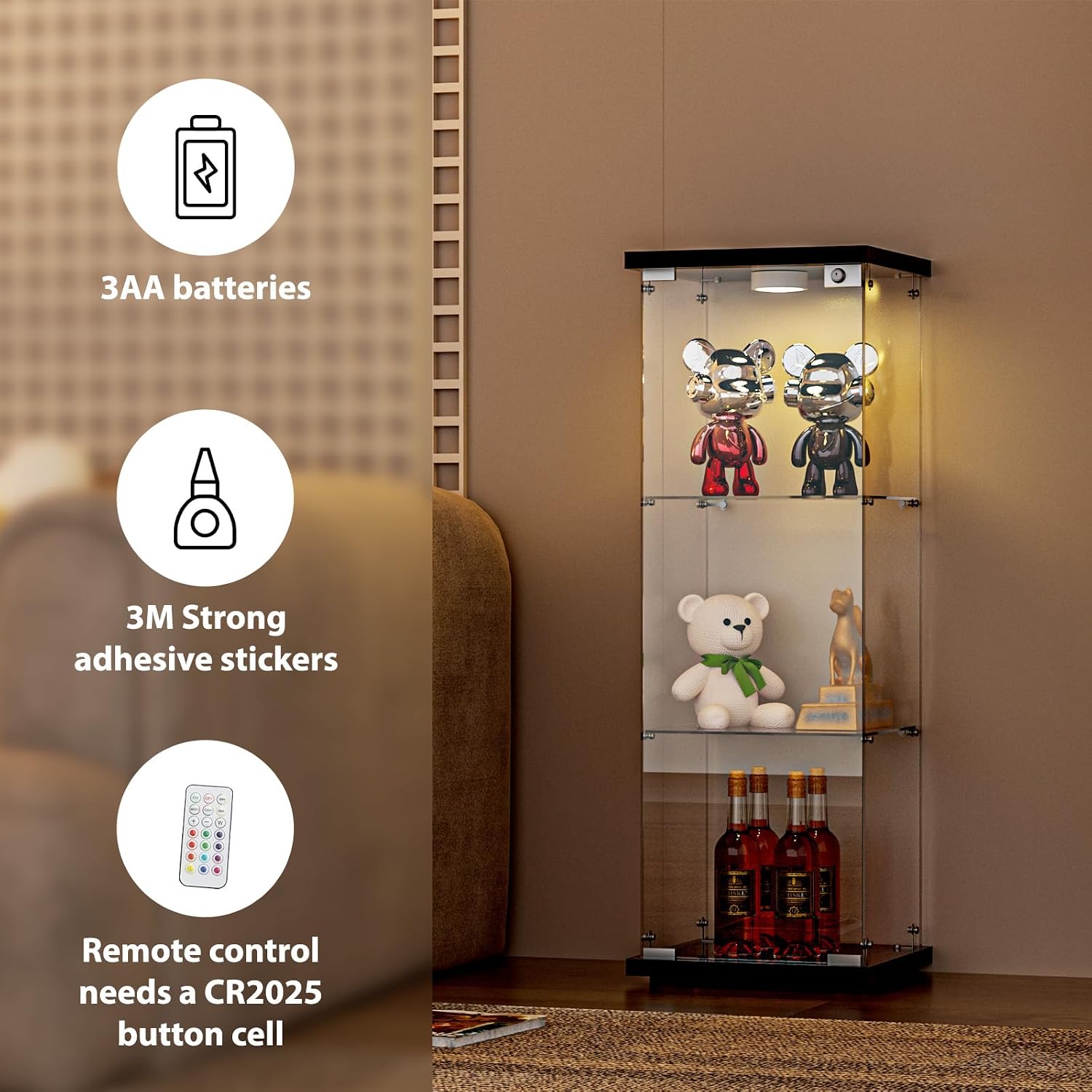 FANYUSHOW 3-Shelf Glass Display Cabinet with LED Light, Upgraded Quick-Install Style Curio Cabinets 5mm Tempered Glass Bookshelf for Bedroom, Living Room 49.1'x 16.7'x 14.3' Black