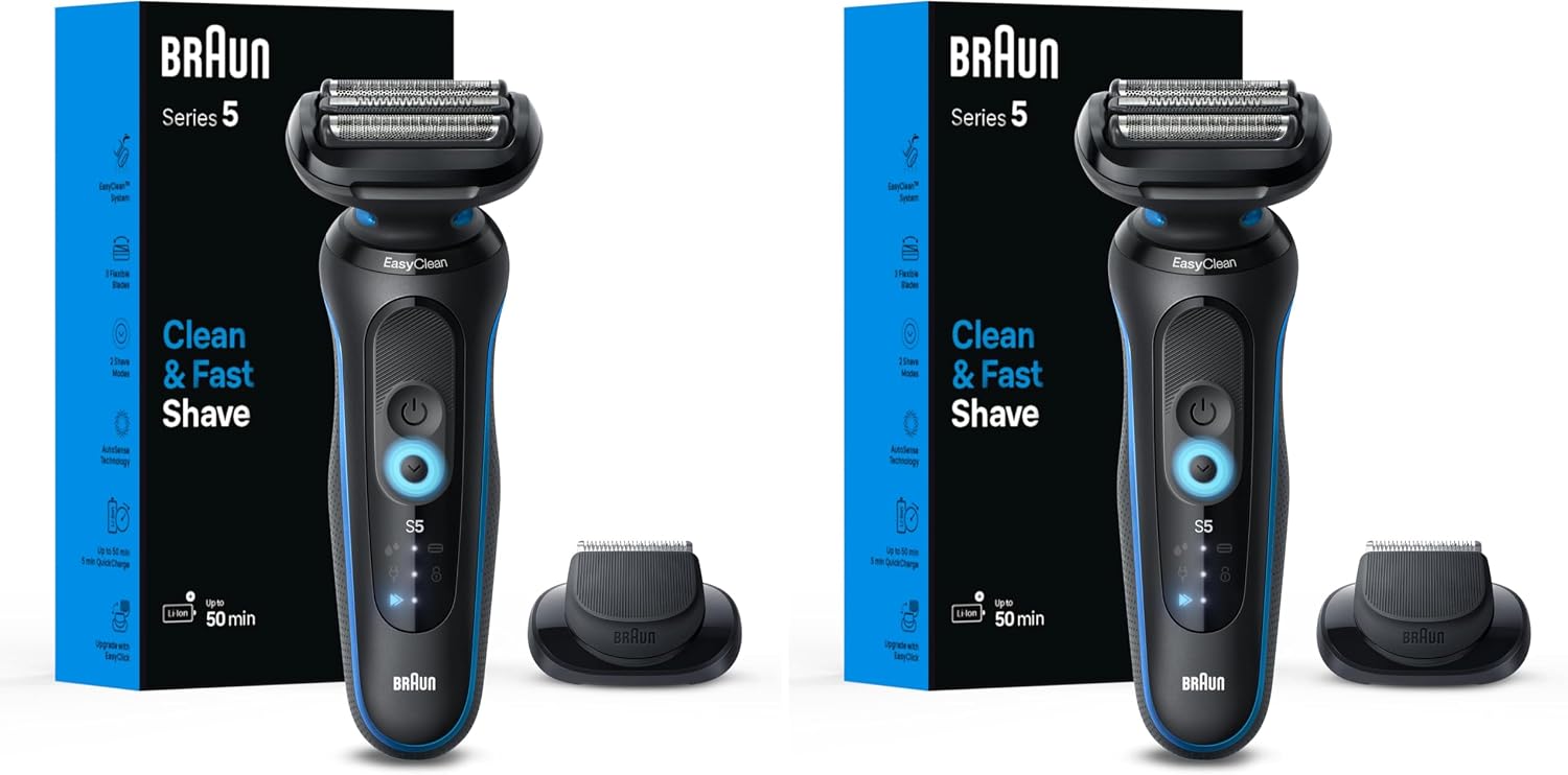 Braun Electric Shaver for Men, Series 5 5118s, Waterproof, Wet & Dry Shave, Turbo Shaving Mode, Foil Shaver with Precision Trimmer, Battery Powered, 50 Minute Battery Runtime (Pack of 2)