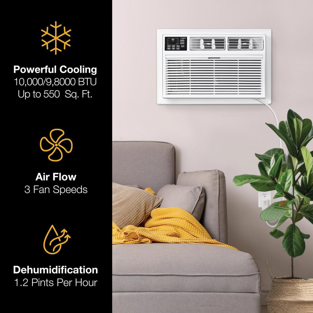 Whirlpool 10,000 BTU Through the Wall Air Conditioner, 230V, Cools up to 450 Sq. Ft for Living Room, Bedroom, Kitchen, Apartment, with Dehumidifier, Remote Control, Digital Display, 24H Timer, White