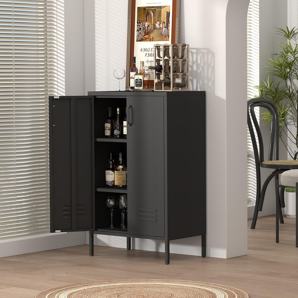 IRONFFICE Metal Storage Cabinet,Metal Cabinets with Doors and Adjustable Shelves,2 Door Locker Storage Cabinets with Legs,Morden Accent Cabinets for Living Room,Home Office,Black