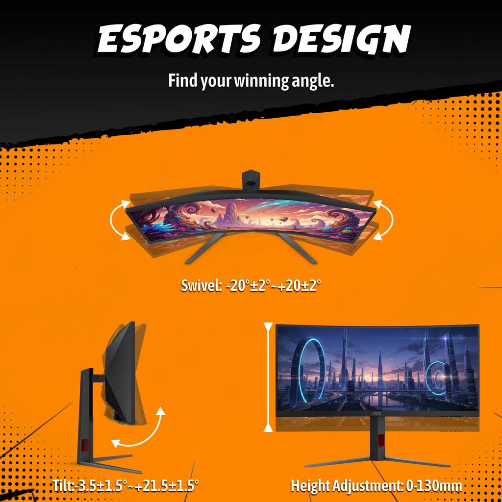 AOC CU34G4Z 34' Curved Ultrawide Gaming Monitor, UWQHD 3440 x1440 1500R 21:9, 240Hz 0.3ms MPRT, HDR 400, Display Port, HDMI, USB 3.2, AMD FreeSync Premium, Height Adjustable, 3-Year Zero-Bright-dot