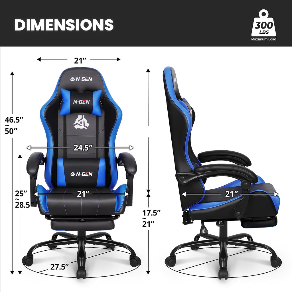 N-GEN GAMING Video Gaming Chair with Footrest Lumbar Support for Home Office High Back Recliner Height Adjustable Ergonomic Comfy Leather Computer Desk Chair (Blue)