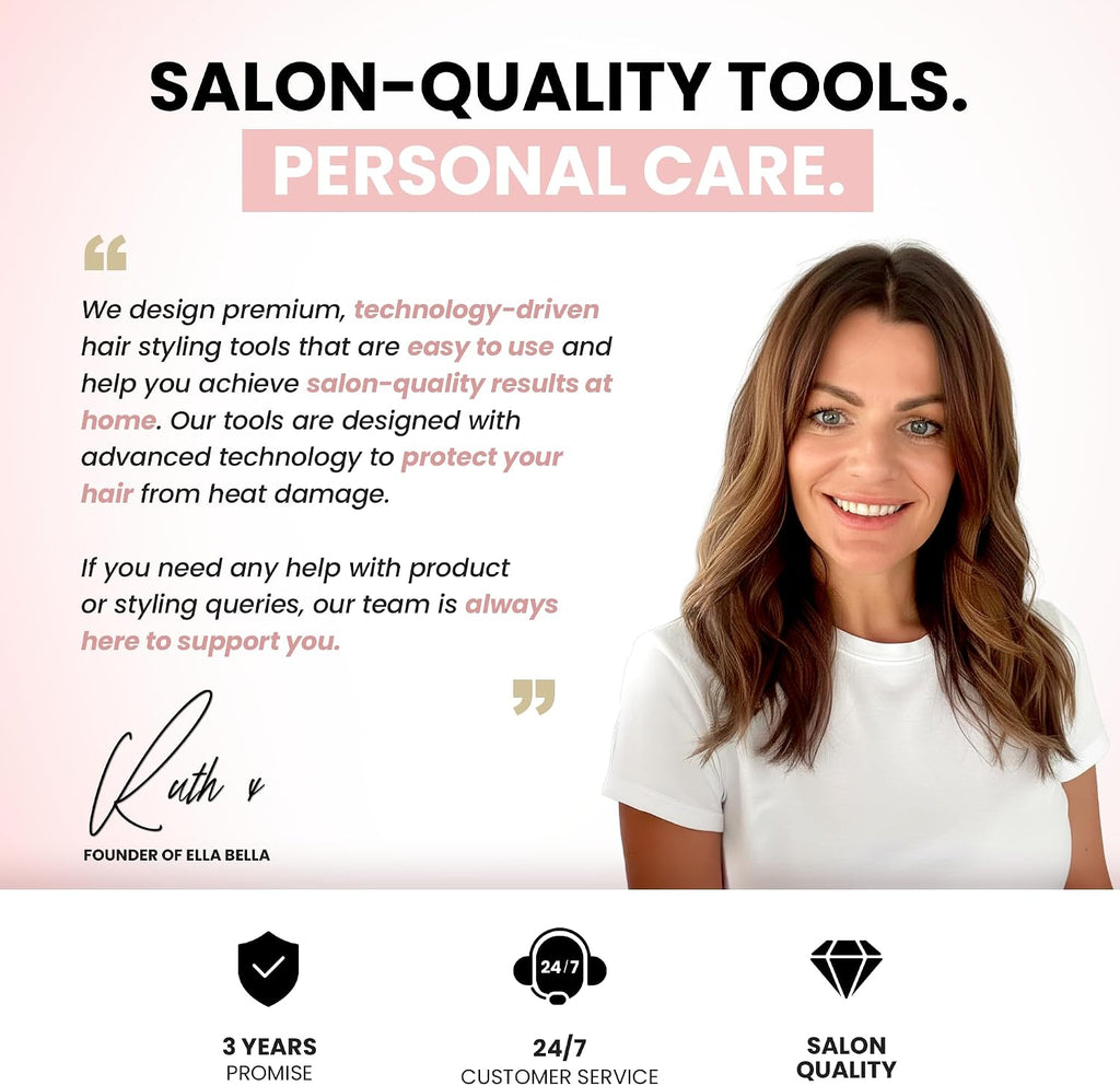 ELLA BELLA® Professional Ionic Hair Dryer with Diffuser • Negative Ion Blow Dryer • Suitable All Hair Types • Intelligent Heat Control & Rapid Drying Speeds • Lightweight Design • Low Noise Technology