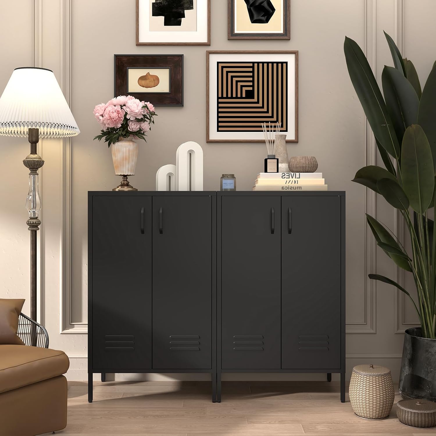 IRONFFICE Metal Storage Cabinet,Metal Cabinets with Doors and Adjustable Shelves,2 Door Locker Storage Cabinets with Legs,Morden Accent Cabinets for Living Room,Home Office,Black