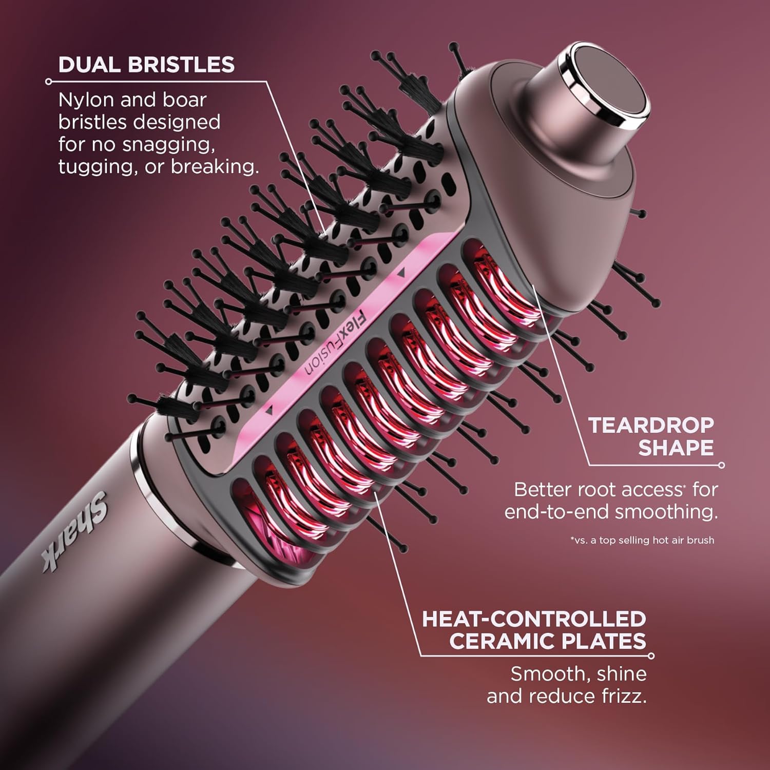 Shark FlexFusion Hair Straightener & Powerful Hair Dryer with Fusion Hair Brush, Ceramic Air Styler with Auto-Wrap Curlers & Concentrator, Ceramic Plates, Cosmic Blush HD641S