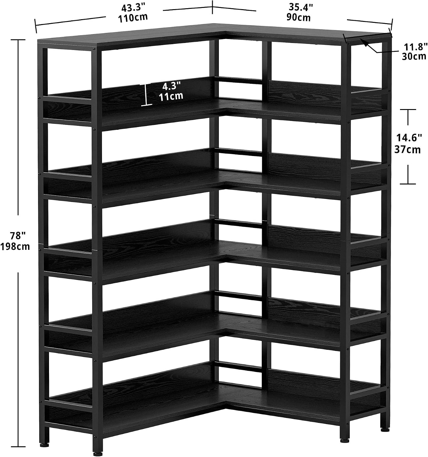 IRONCK Corner Bookshelf 6 Tiers, Industrial Corner Bookcase with Baffles Etagere, L Shaped Bookshelves with Metal Frame, Corner Shelf Storage Rack for Living Room Home Office