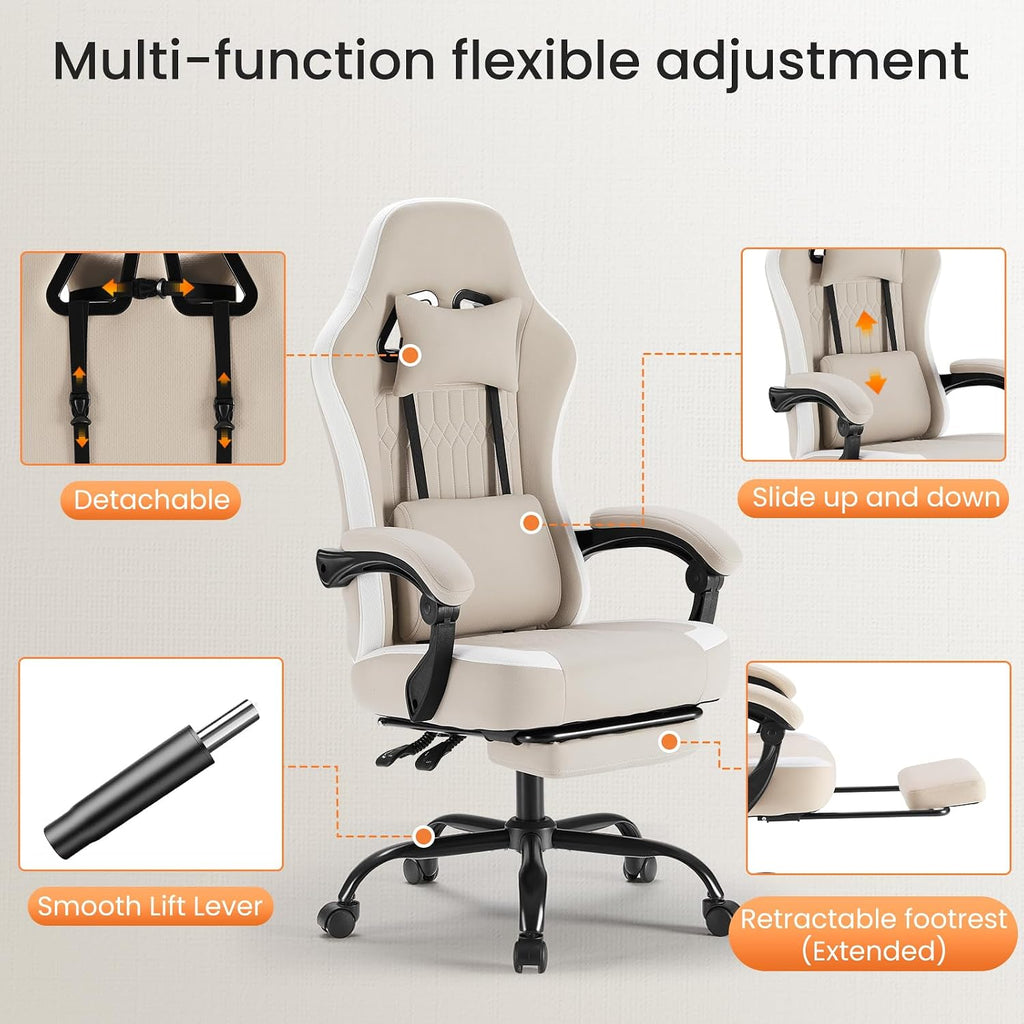 NEWBULIG Gaming Desk Chair - High Back Computer Office Chair with Footrest and Headrest, Comfy Ergonomic Lumbar Support with Linkage Armrests, Height Adjustable and 360° Swivel Wheels, Khaki