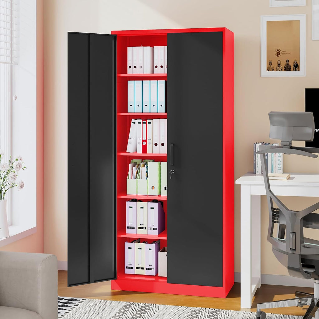 6 Tier Garage Storage Cabinet with 5 Adjustable Shelves,Metal Storage Cabinet with Lock,Red Black Metal Cabinet with Locking Doors,Steel Locker,71' Lockable Storage Cabinets for Home,Office,Garage