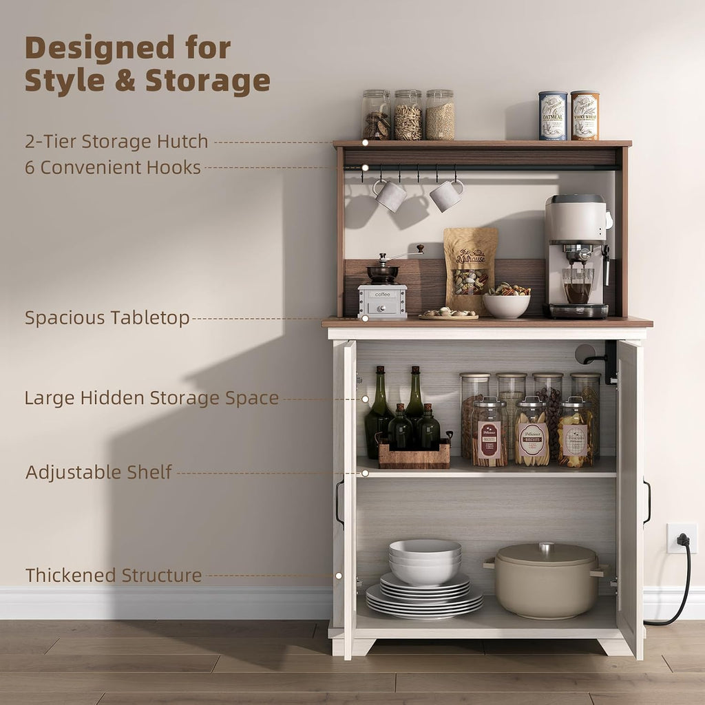 Farmhouse Coffee Bar Cabinet with Charging Station, 31.5' Kitchen Coffee Station, Coffee Bar Table with Storage, Adjustable Shelf and 6 Hooks, Buffet Cabinet for Living Room, Dining Room, White