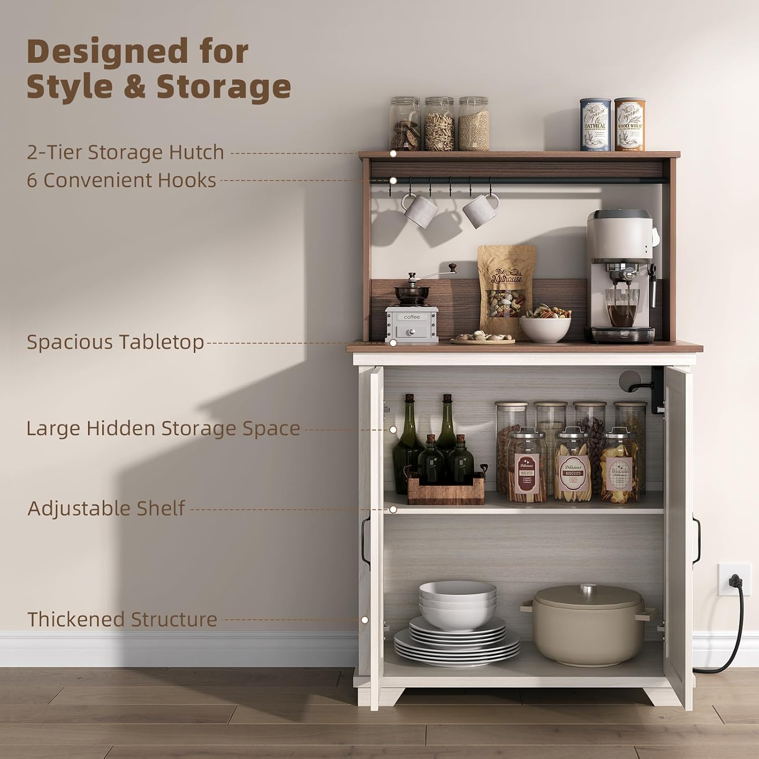 Farmhouse Coffee Bar Cabinet with Charging Station, 31.5' Kitchen Coffee Station, Coffee Bar Table with Storage, Adjustable Shelf and 6 Hooks, Buffet Cabinet for Living Room, Dining Room, White