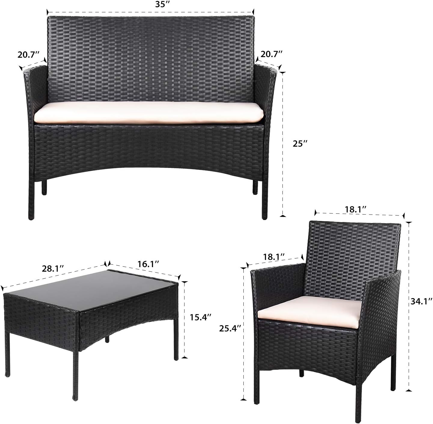 Homall 4 Pieces Outdoor Patio Furniture Sets Rattan Chair Wicker Set,Outdoor Indoor Use Backyard Porch Garden Poolside Balcony Furniture (Black and Beige)