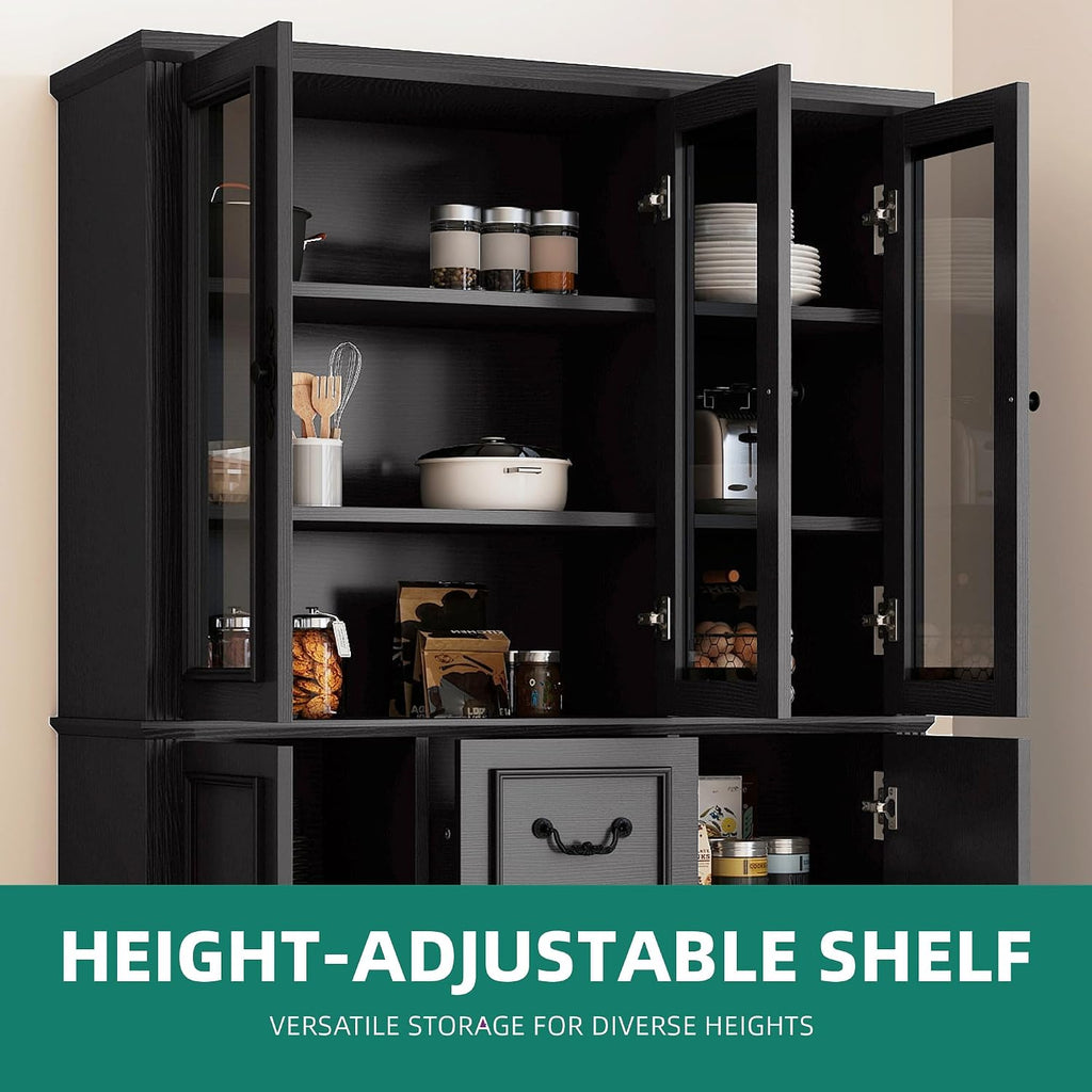 YITAHOME 71' H x 47' W Kitchen Pantry with 3 Drawers, Large Storage Cabinet with 3 Glass Doors & Adjustable Shelves, Freestanding Tall Display China Cabinet for Living & Dining Room, Black