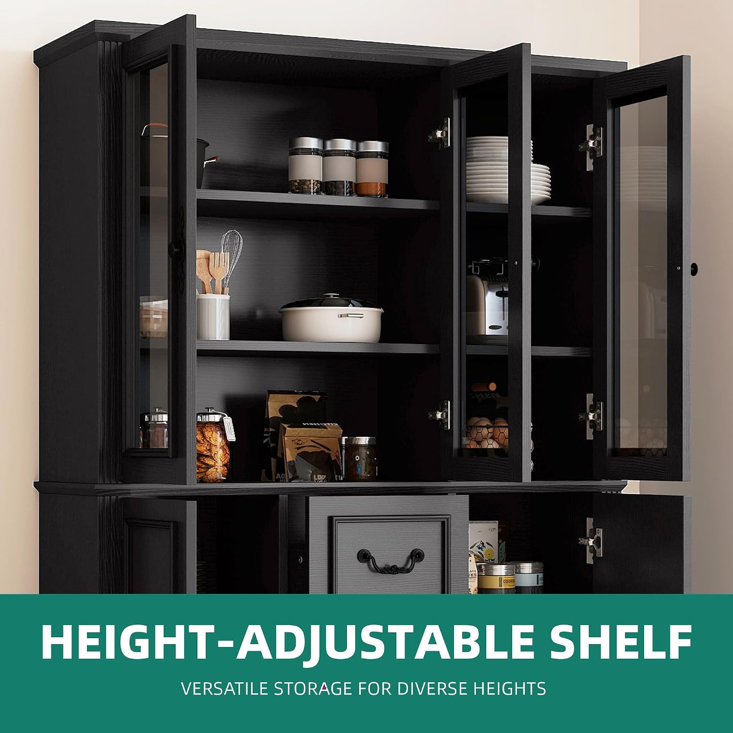 YITAHOME 71' H x 47' W Kitchen Pantry with 3 Drawers, Large Storage Cabinet with 3 Glass Doors & Adjustable Shelves, Freestanding Tall Display China Cabinet for Living & Dining Room, Black