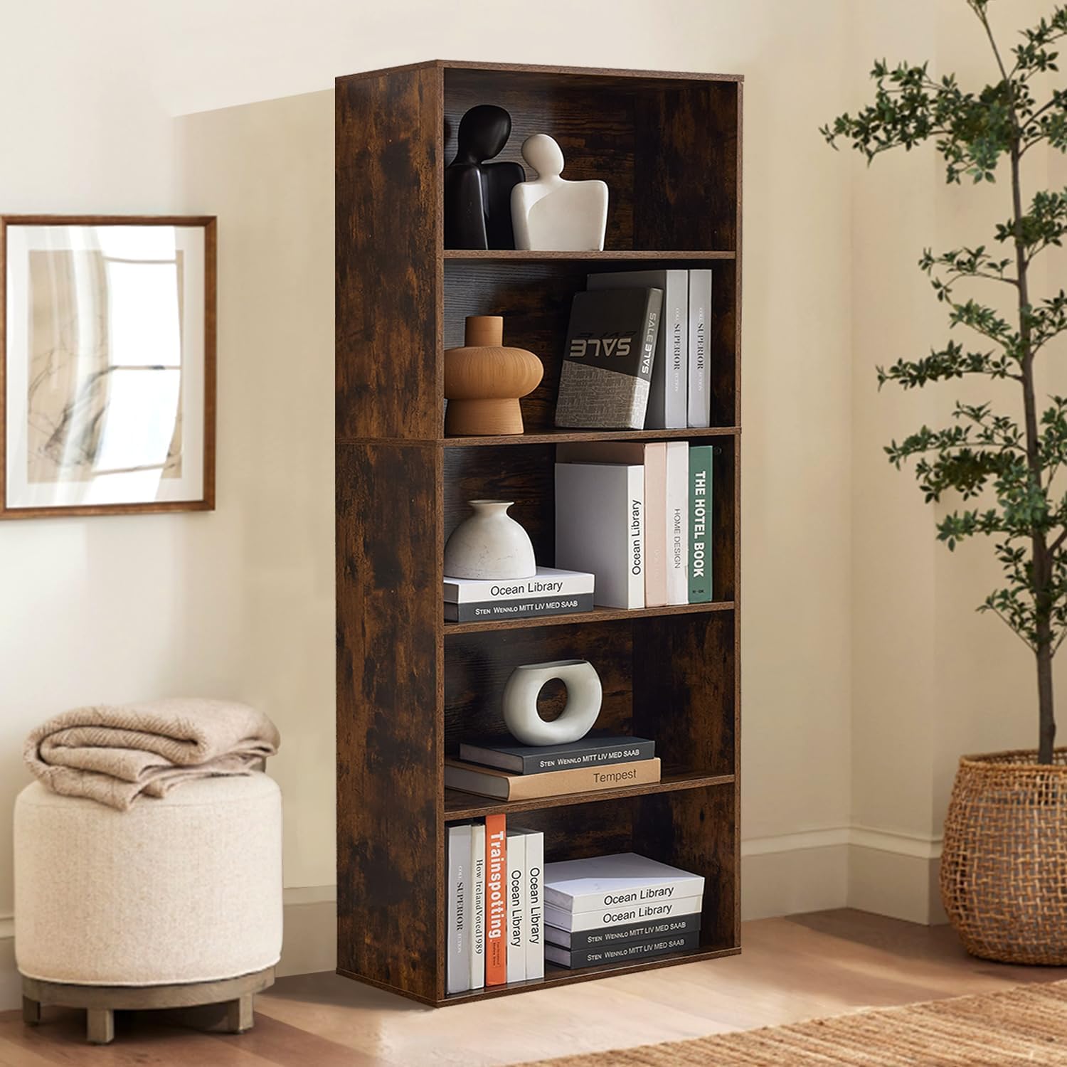 5-Tier Open Bookshelves and Bookcases Set of 2, Farmhouse Bookshelf with Display Storage Shelves, Wooden Bookcase for Living Room, Home Office, Bedroom, Brown