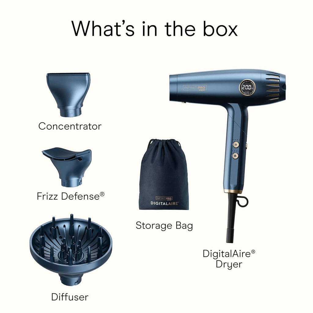 Infiniti PRO by CONAIR DigitalAIRE 2.0 Hair Dryer, 1875W Frizz-Reducing Ionic Hair Blow Dryer with Diffuser, Up to 5X More Speed and 90,000 RPMs for Advanced Drying Power, Blue