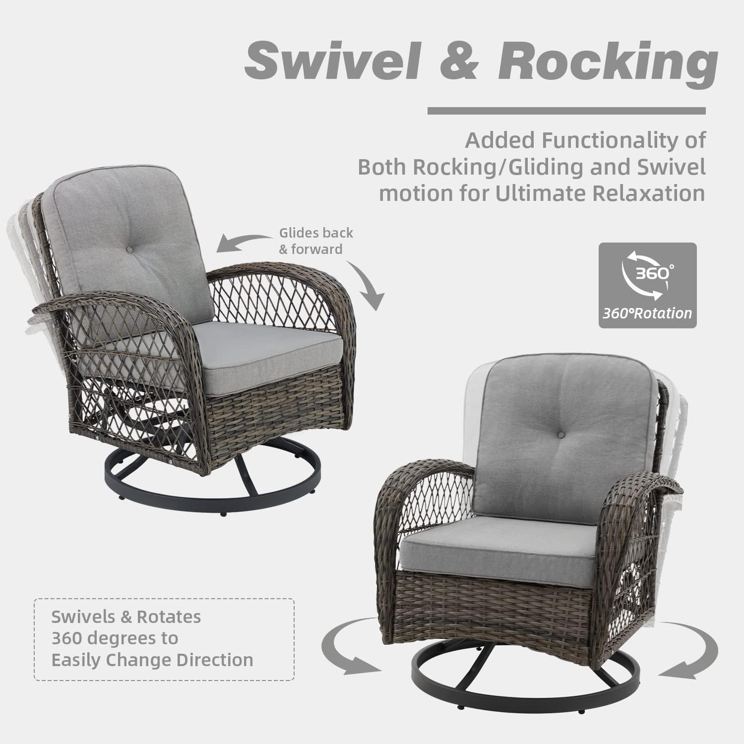 EROMMY 3 Pieces Outdoor Swivel Rocker Patio Chairs, 360 Degree Rocking Patio Conversation Set with Thickened Cushions and Glass Coffee Table for Backyard, Grey
