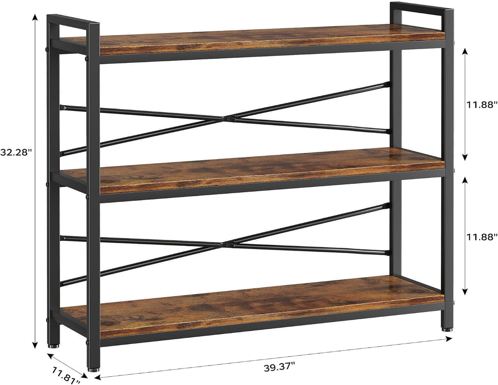 3 Tier Bookshelf 39.37' Width, Long Industrial Bookcase, Vintage Farmhouse Modern Wooden Big Book Shelf for Home Living Room Bedroom Office Storage(Rustic Brown)