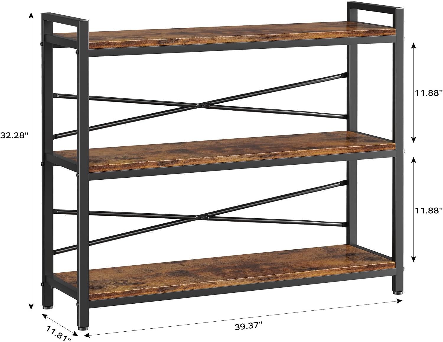 3 Tier Bookshelf 39.37' Width, Long Industrial Bookcase, Vintage Farmhouse Modern Wooden Big Book Shelf for Home Living Room Bedroom Office Storage(Rustic Brown)