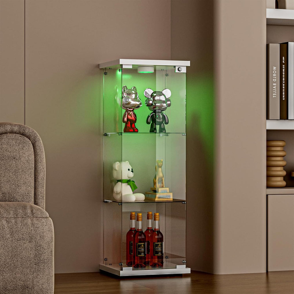 FANYUSHOW 3-Shelf Glass Display Cabinet with LED Light, Upgraded Quick-Install Style Curio Cabinets 5mm Tempered Glass Bookshelf for Bedroom, Living Room 49.1'x 16.7'x 14.3' White