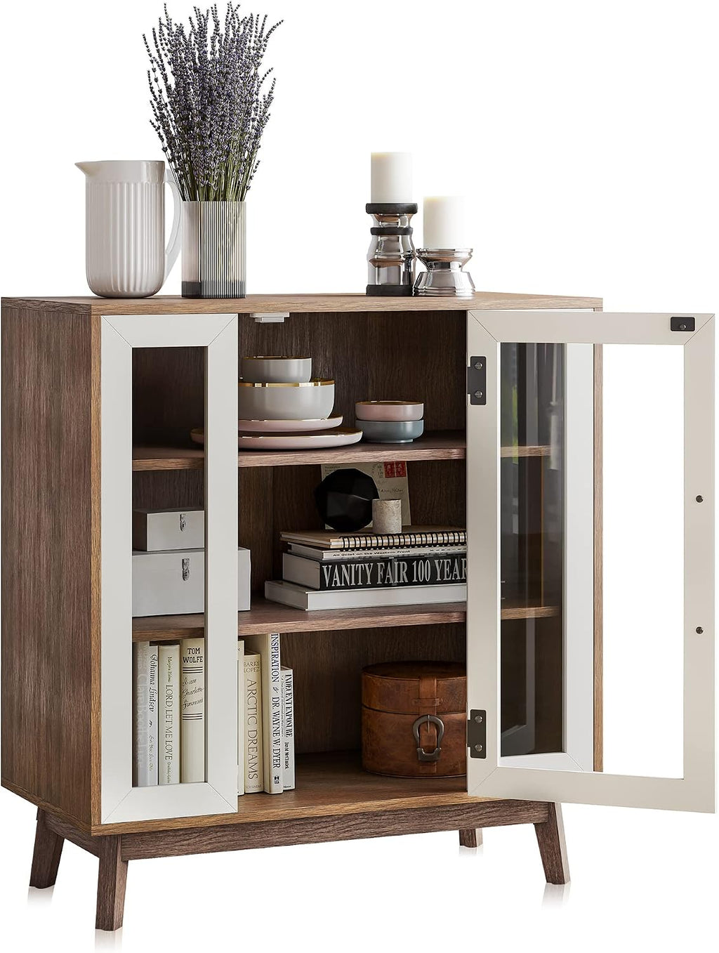 BELLEZE 31' Modern Display Curio Cabinet, 3-Tier White Storage Buffet with Tempered Glass Doors & Adjustable Shelves for Dining Room, Kitchen, Living Room & Office - White