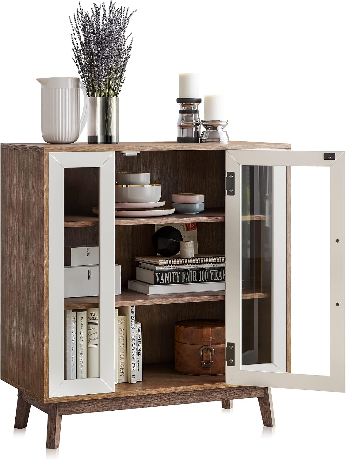 BELLEZE 31' Modern Display Curio Cabinet, 3-Tier White Storage Buffet with Tempered Glass Doors & Adjustable Shelves for Dining Room, Kitchen, Living Room & Office - White