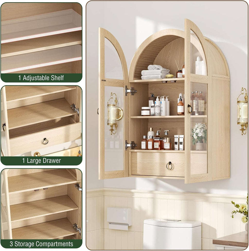 Medicine Cabinet with Tempered Glass Door, Arched Bathroom Wall Cabinet with Adjustable Shelf, for Kitchen, Living Room, Entryway, Laundry Room, Apartment, Office, Small Space, Oak