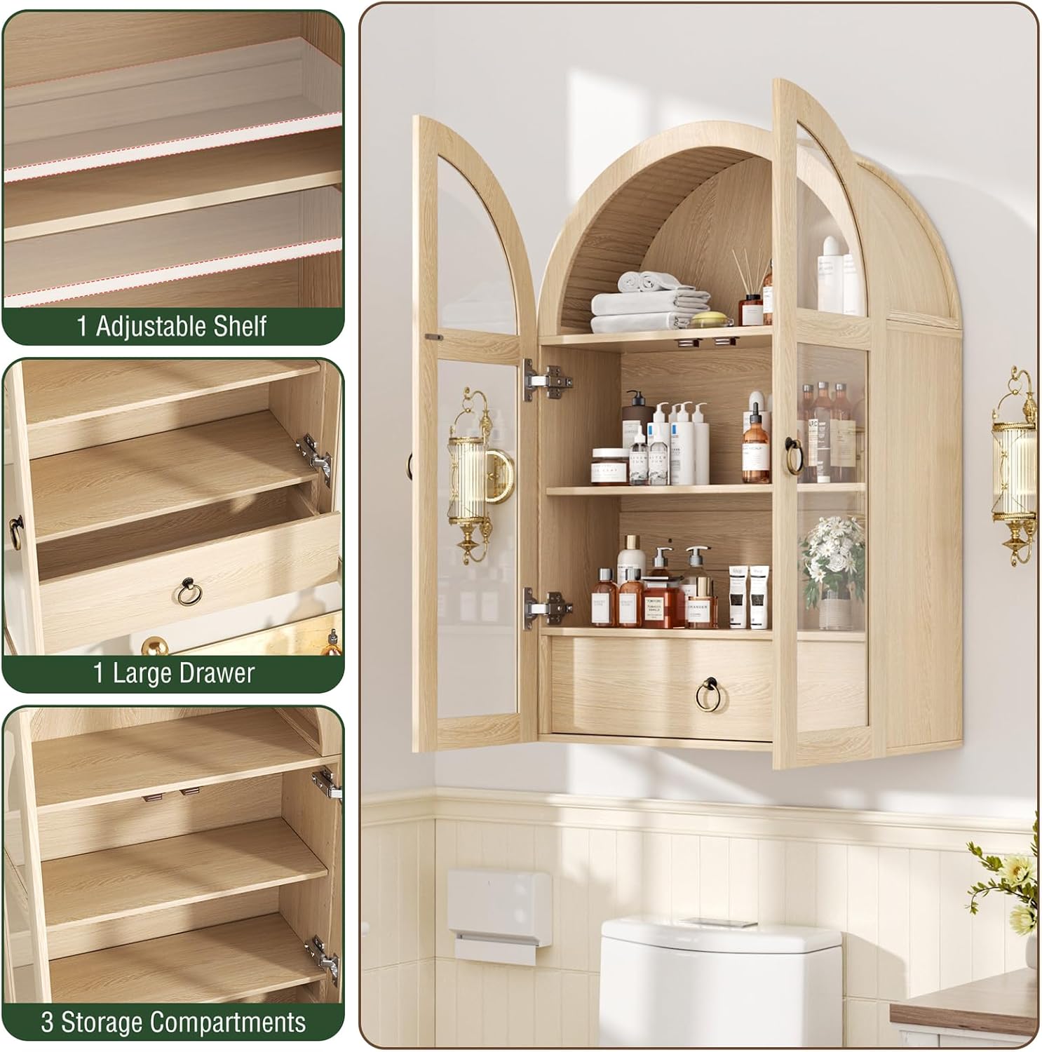 Medicine Cabinet with Tempered Glass Door, Arched Bathroom Wall Cabinet with Adjustable Shelf, for Kitchen, Living Room, Entryway, Laundry Room, Apartment, Office, Small Space, Oak
