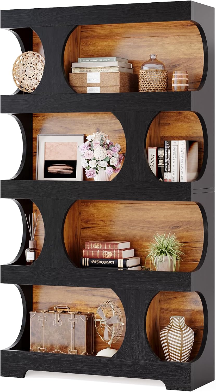 Tribesigns 71' Tall Bookcase Set of 2, 4-Tier S-Shaped Bookshelf, Wood Decorative Storage Shelving, Modern Freestanding Display Shelves, Large Library Bookshelf Unit for Home Office, Black & Brown