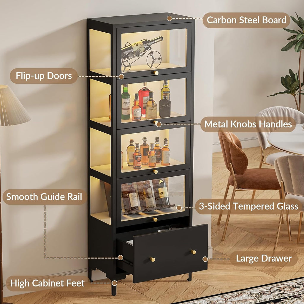 Display Cabinet with Glass Doors, 67' Metal Curio Cabinet with Drawer & 13-Color RGB LED Lights, 5-Tier Glass Display Case for Collectibles, Figure, Toys, Books, Black
