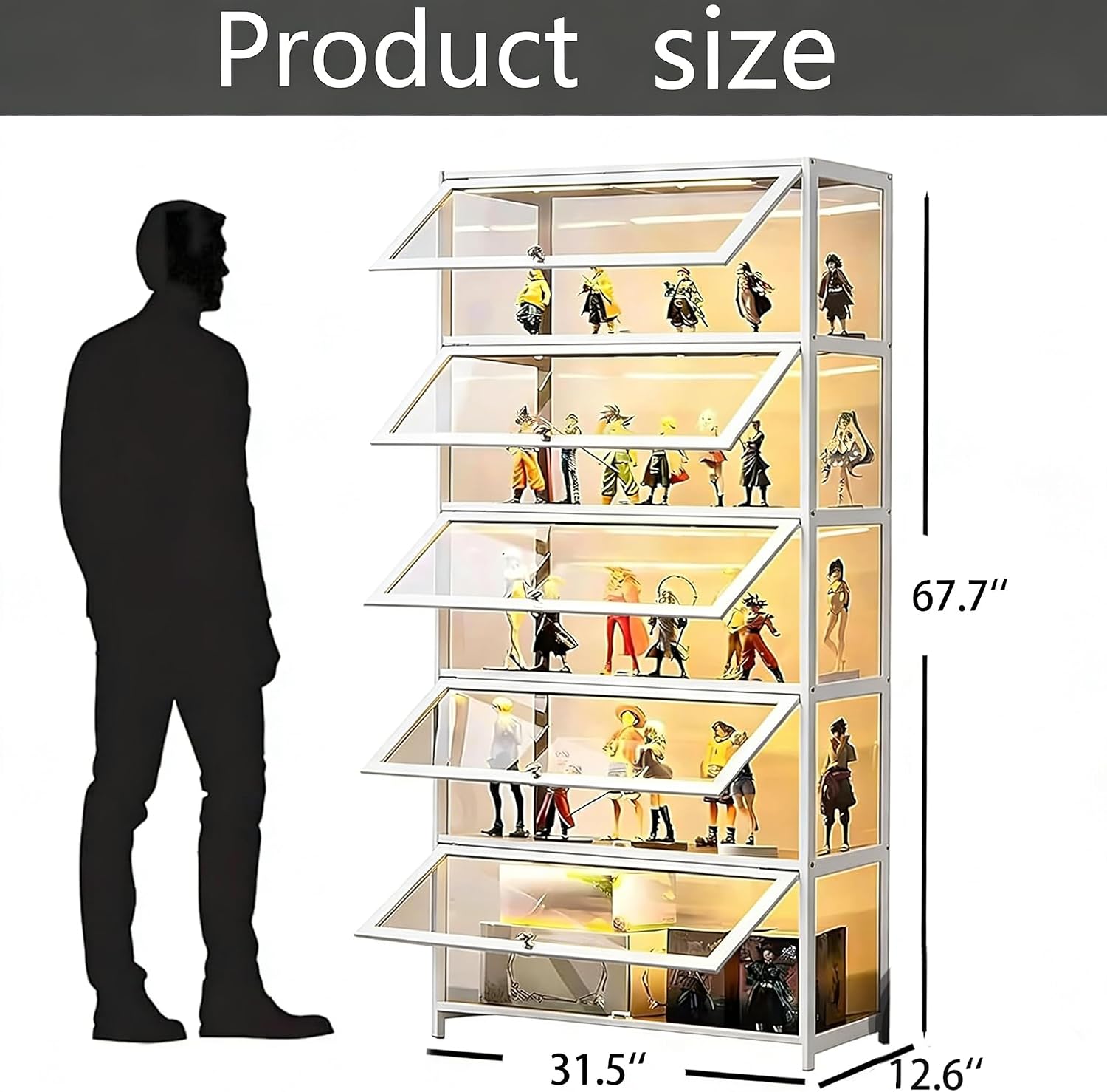 Display Cabinet with Acrylic Glass Door, 5 Tier Curio Display Case, Collectibles Toy Organizers Rack & Display Shelf, Kids Bookcase for Bedroom, Reading Nook, Toddler's Room, Bamboo