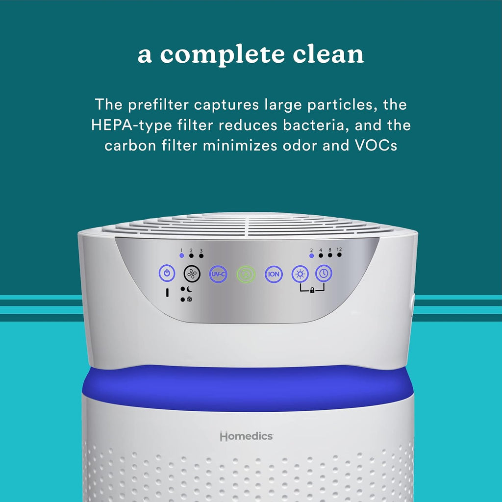 Homedics 5-in-1 UV-C Air Purifier - 360-Degree HEPA Filter for 1,593 Sq Ft, Extra Large Air Purifiers for Bedroom and Home, Essential Oil Pads, Built-In Timer, 5 Speed Settings for Large Rooms, White