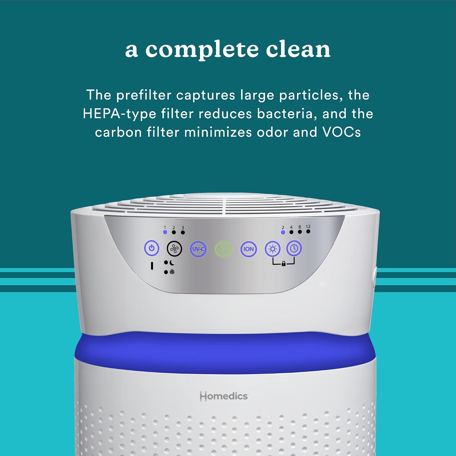 Homedics 5-in-1 UV-C Air Purifier - 360-Degree HEPA Filter for 1,593 Sq Ft, Extra Large Air Purifiers for Bedroom and Home, Essential Oil Pads, Built-In Timer, 5 Speed Settings for Large Rooms, White