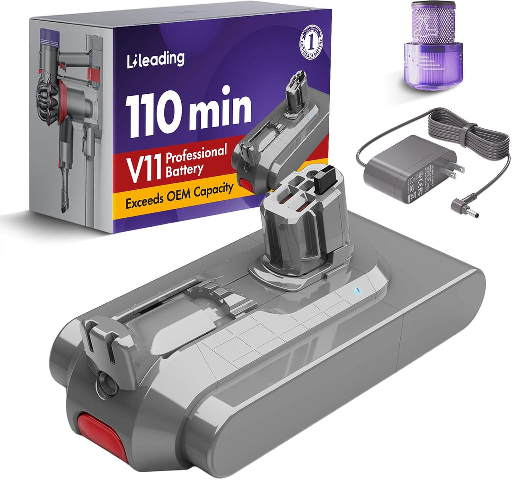 V11 110-Min Red Button Battery Replacement: With Samsung Battery Cells, Compatible with Dyson Click-in Models, V11 Animal, Torque Drive, Outsize, SV15/16/22, 970425-01, Includes Filter & Charger